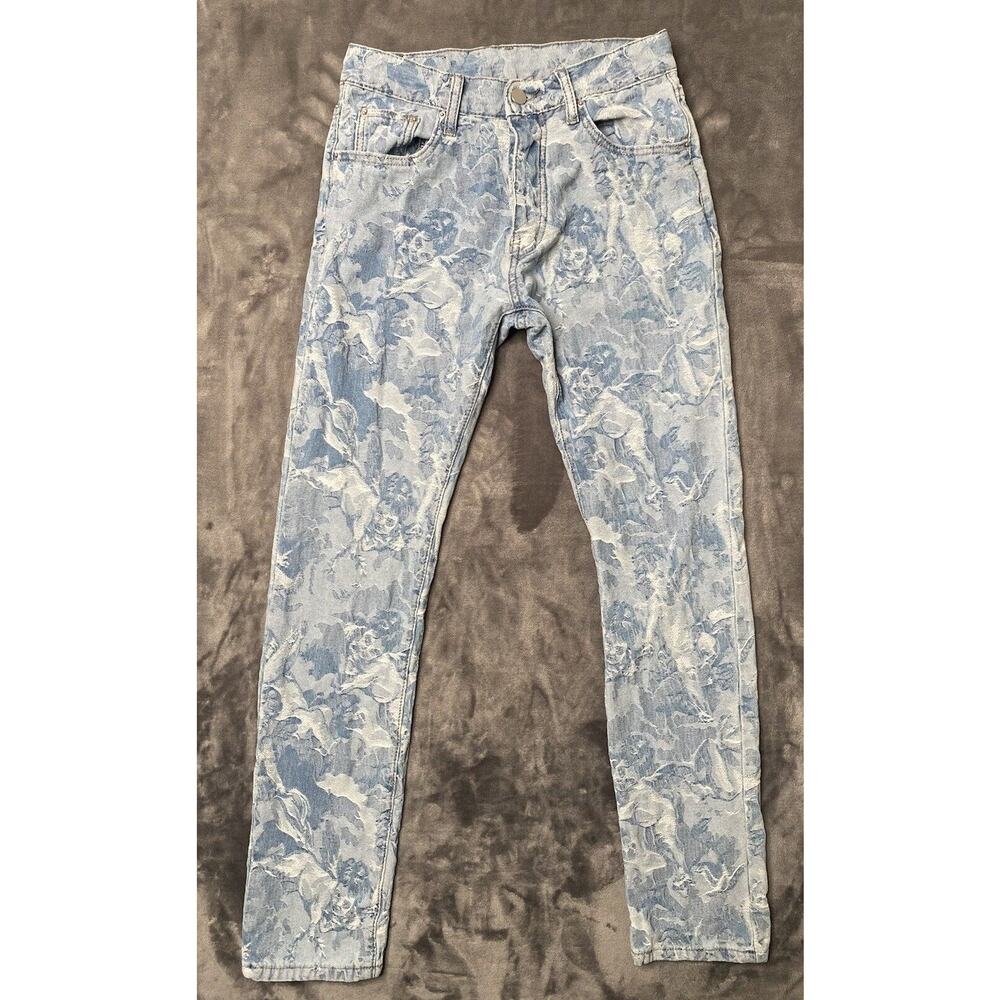 Mnml Angel Babies Button Fly Jeans Men's 28 Blue Embroidered All Over Straight
